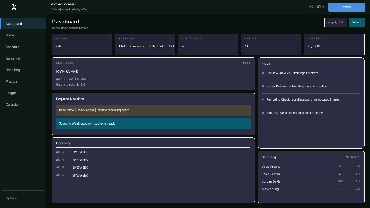 Gridiron Manager dashboard screen