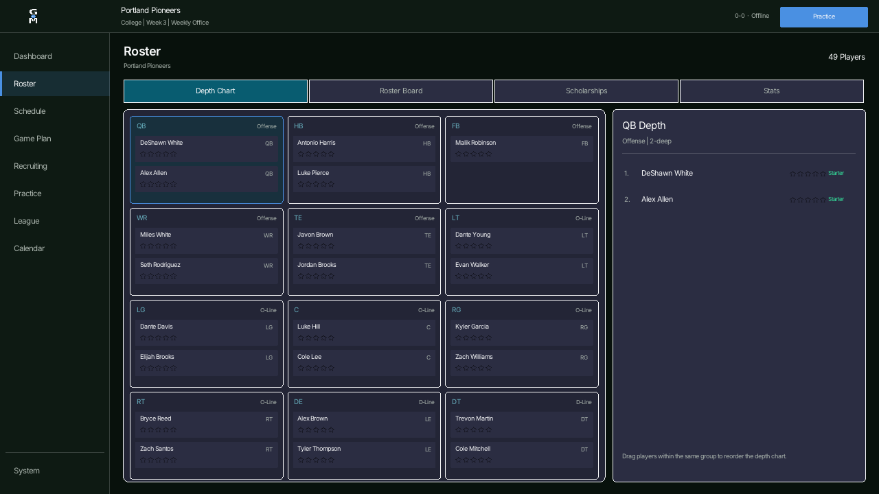 Gridiron Manager roster depth chart screen