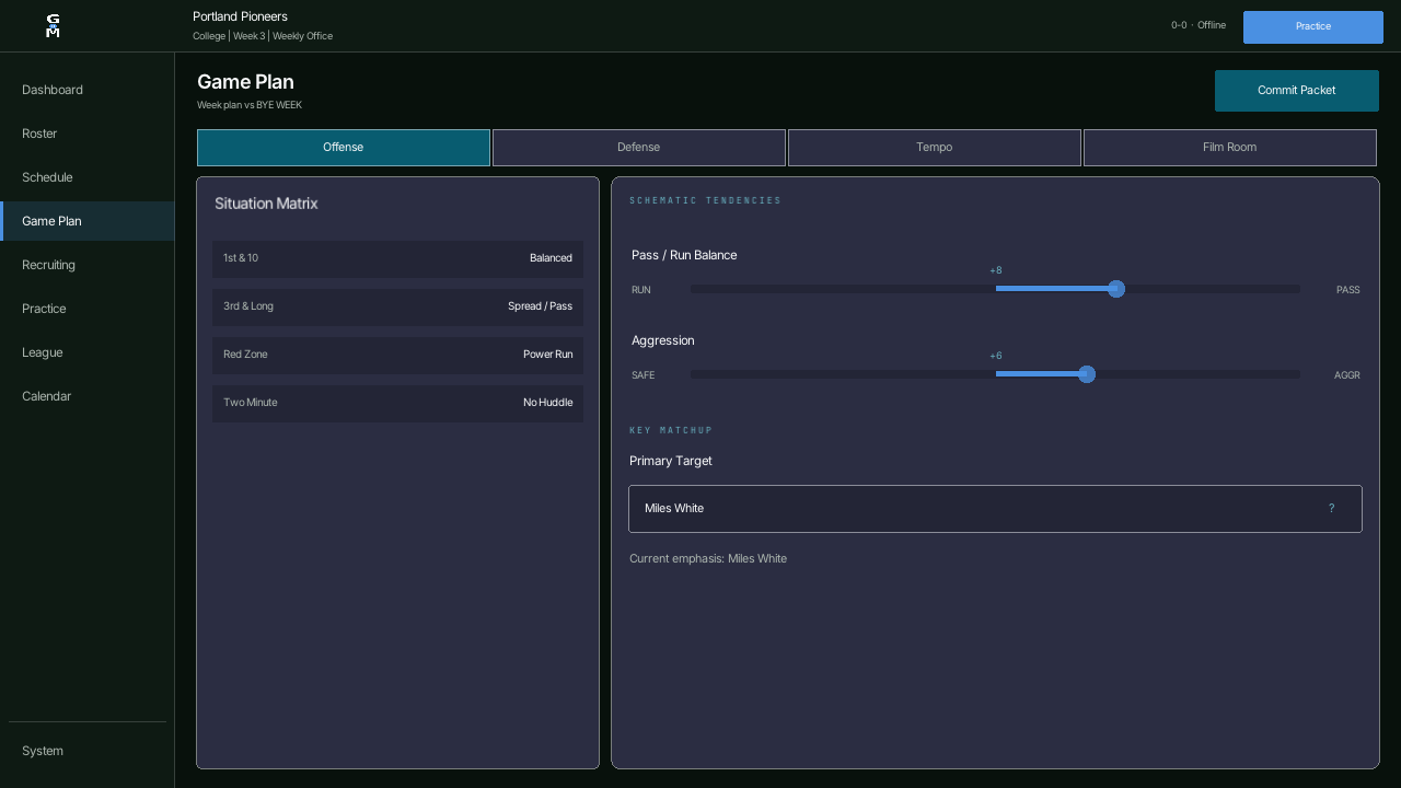 Gridiron Manager game plan screen