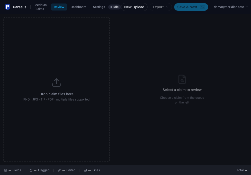 Parseus medical bill extraction and review queue screen