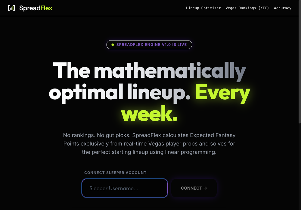 SpreadFlex weekly lineup optimizer screen